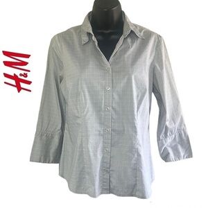 H&M Light Gray/Blue Check Button Down 3/4 Sleeve Shirt Size US 6